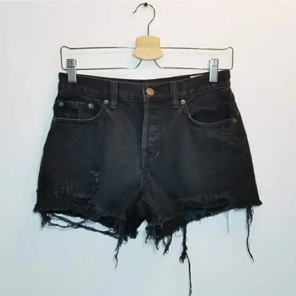 We The‎ FREE PEOPLE Black Sofia Distressed High Waist Jean Shorts Size 30